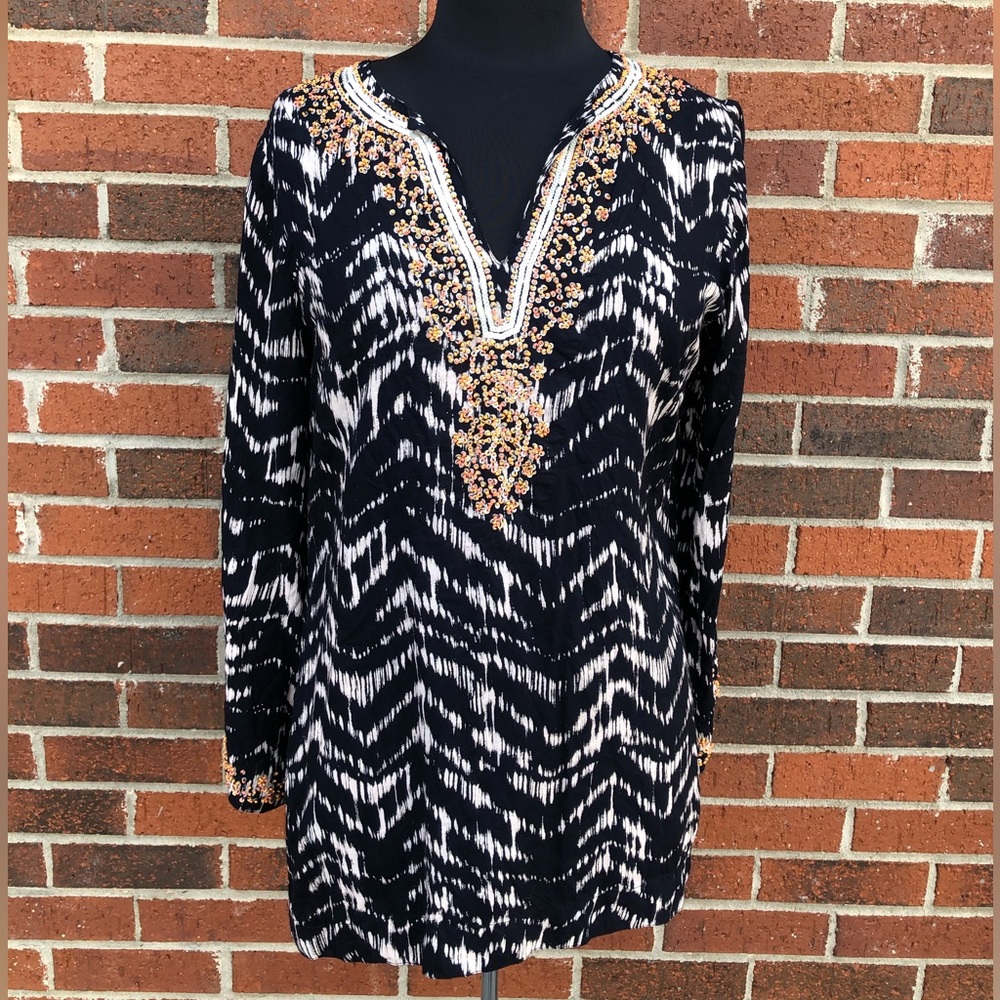 Soft Surroundings Akira Beaded Tunic V Neck Long Sleeve Shirt Size Petite Small